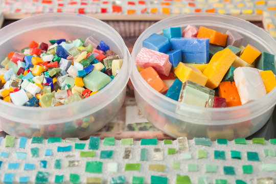 Colorful mosaic puzzles closeup