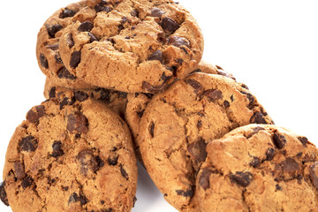 Chocolate chip cookies on white background