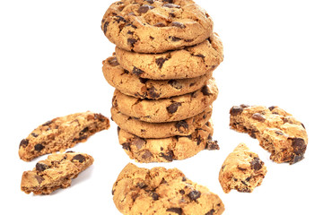 Chocolate chip cookies on white background