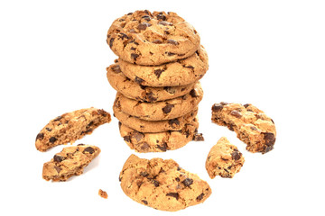 Chocolate chip cookies on white background