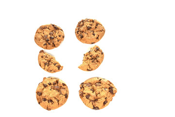 Chocolate chip cookies on white background