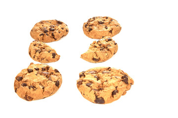 Chocolate chip cookies on white background
