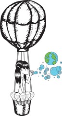 Girl blowing earth bubbles in hot air balloon