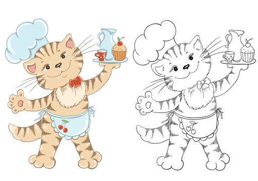 Coloring book with cartoon cat chef