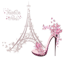 Fototapeta na wymiar High-heeled shoes on background of Eiffel Tower. Paris Fashion