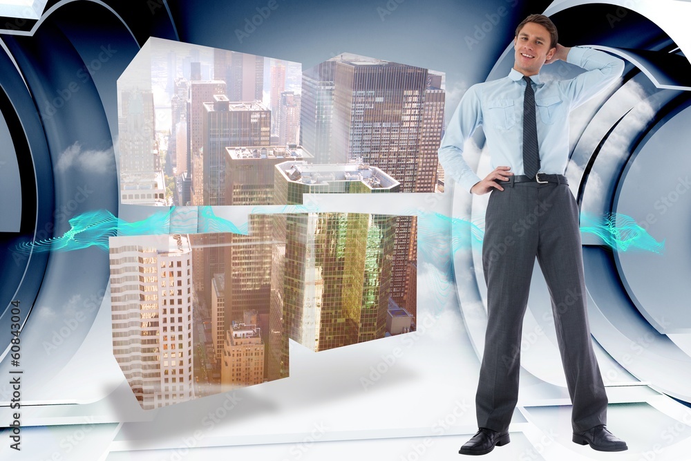 Poster composite image of thinking businessman with hand on head