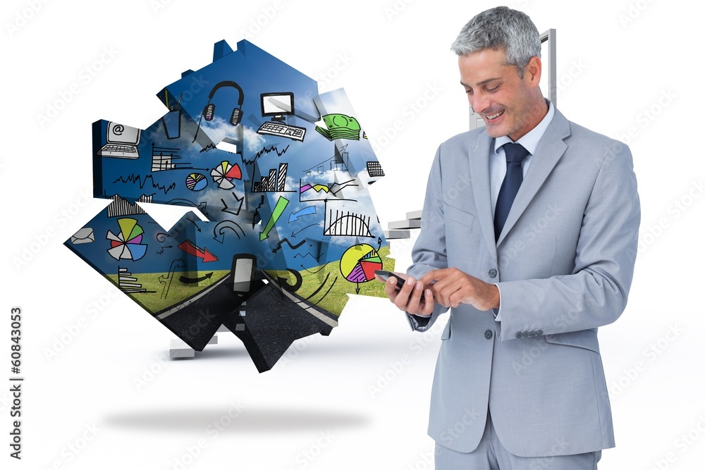 Poster Composite image of cheerful businessman sending text message