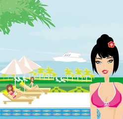 girls and tropical pool