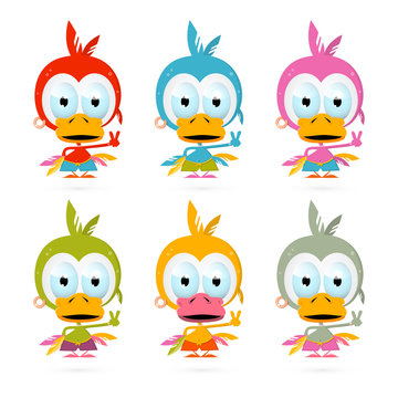 Funny Red Bird - Chicken - Duck Illustration Set