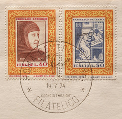 Italian mail stamps bearing the portrait of Petrarch