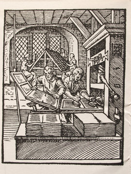 woodcut by William Caxton showing print