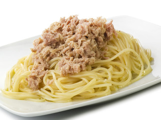 Tuna fish spaghetti close up on the white