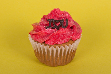 Valentine cupcake on yellow background with I love you message