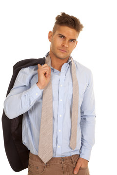 Man Suit Coat Over Shoulder Look Serious Tie Undone