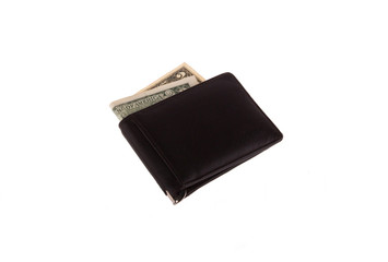 Black wallet with two dollars.