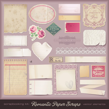 collection of romantic paper scraps and design elements