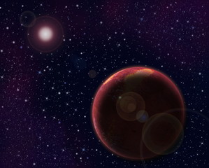 Red planet and sun with lens flare - obrazy, fototapety, plakaty
