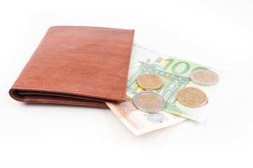 Brown wallet with EU money