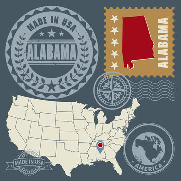 Abstract post stamps set with name and map of Alabama, USA