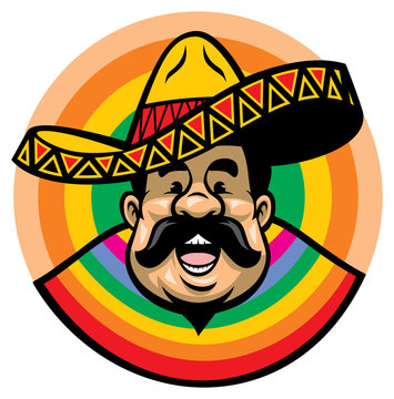 Cartoon Of Smiling Mexican Male With Sombrero