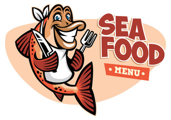 Obraz premium smiling fish seafood restaurant mascot
