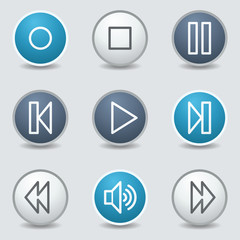 Media player web icons, circle blue buttons