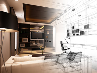 sketch design of living ,3dwire frame render