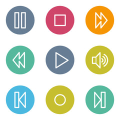 Media player web icons, color circle buttons