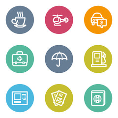Travel web icons set 4, color circle buttons