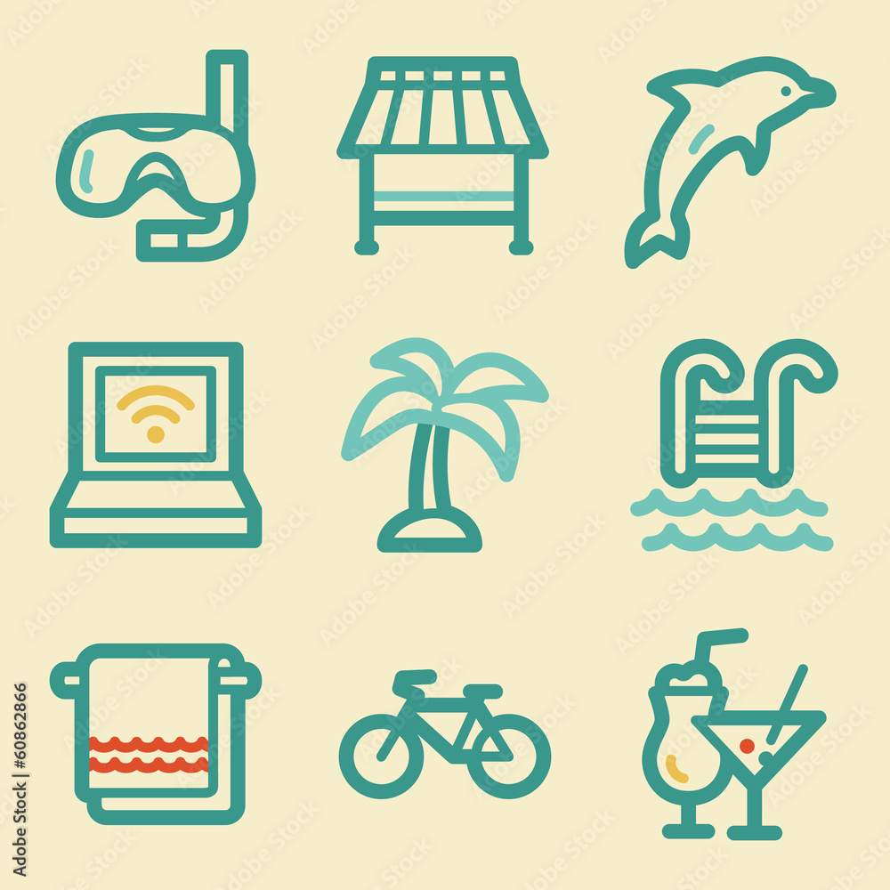 Wall mural Vacation web icons, retro colors