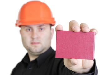 Builder in helmet isolated on white background