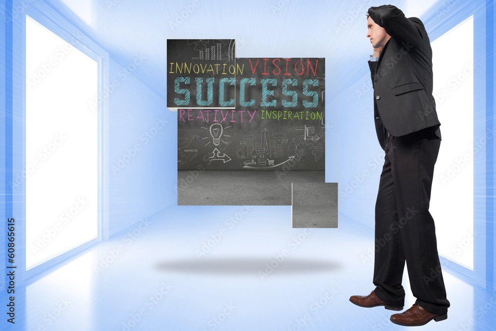 Poster composite image of stressed businessman with hands on head