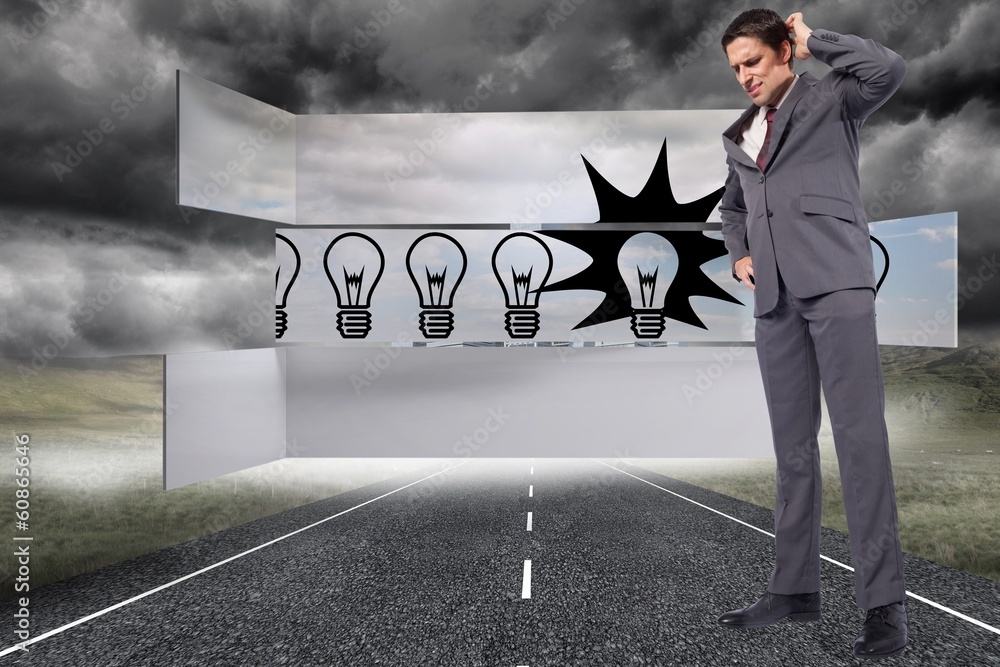 Poster composite image of thinking businessman scratching head