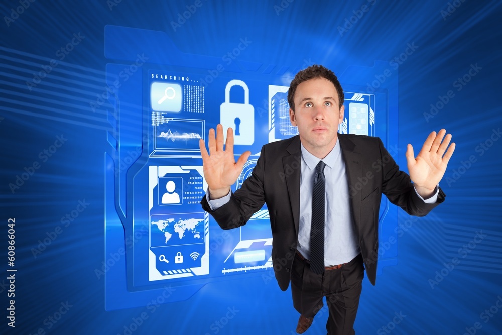 Poster composite image of businessman posing with arms raised