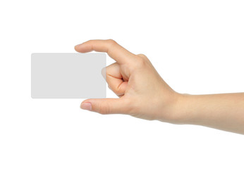 Hand holds virtual card on white background .