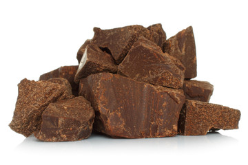 Broken chocolate bar isolated on white background .