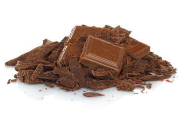Broken chocolate bar isolated on white background .