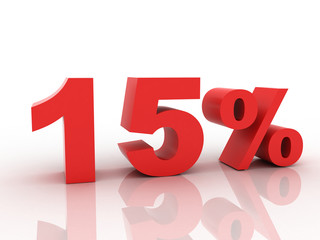 3d rendering of a 15 percent discount in red letters on a white