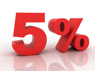 3d rendering of a 5 percent discount in red letters on a white b