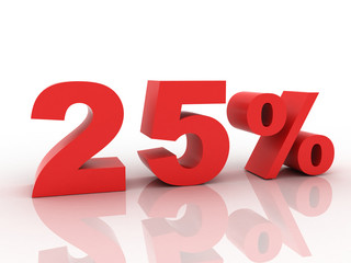 3d rendering of a 25 percent discount in red letters on a white