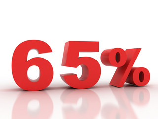 3d rendering of a 65 percent discount in red letters on a white