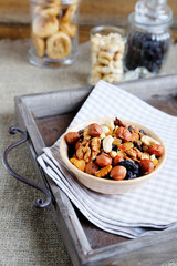 Assorted nuts in ceramic bowl on a tray