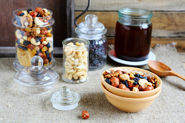 nuts and honey in jars