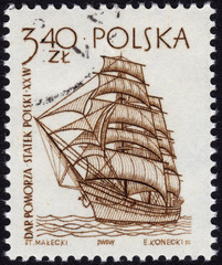 Polish postage stamp showing a historic frigate ship