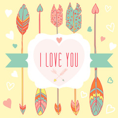 I love you - vector greeting card feathers, frame