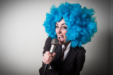 funny blu wig beautiful young businesswoman