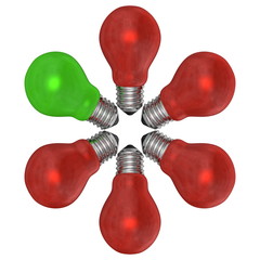 Green light bulb and red ones arranged in radial pattern