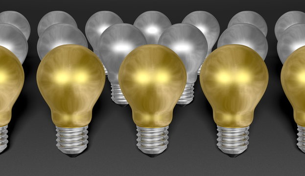 Rows of golden and silver light bulbs on grey background