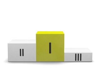 Podium with yellow first cube for and Roman numerals. Front view