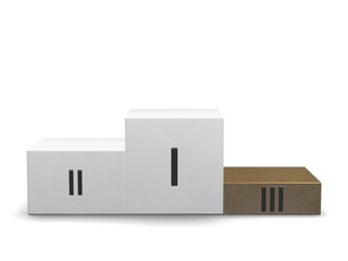 Podium with bronze third cube and Roman numerals. Front view